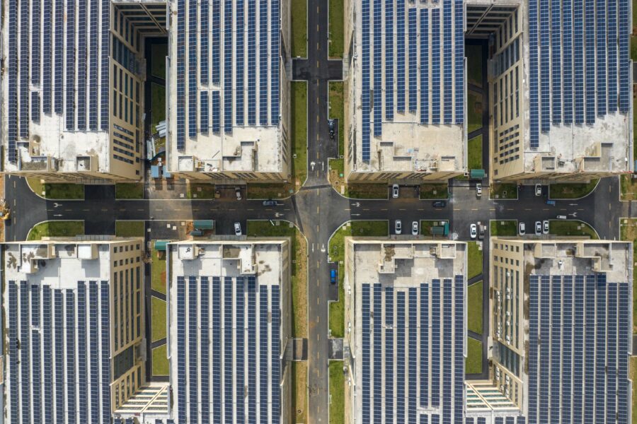 An aerial view of solar panels installed on the roof of buildings at a machinery equipment manufacturing industrial park in Yongzhou, Hunan Province of China, on June 7, 2023. Credit: VCG via Getty Images