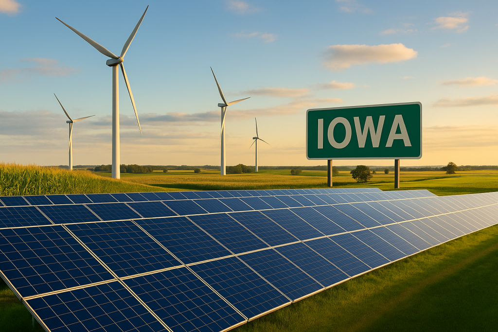 A thriving solar array in the foreground, Wind turbines rising behind a cornfield, An “IOWA” highway-style sign anchoring the scene.